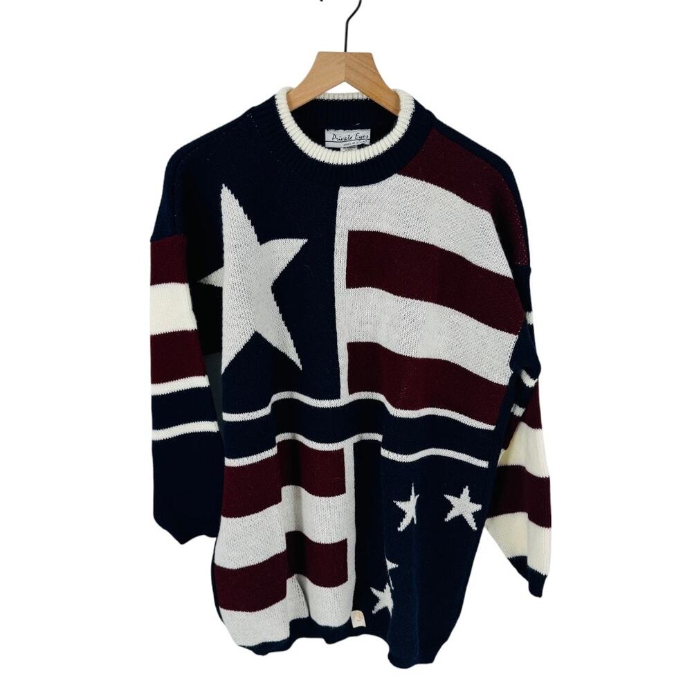 Vintage‎ American Flag Star Stripe Knit Sweater Pullover Private Eyes Size L